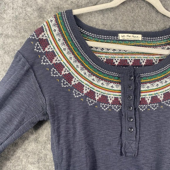 Free People Thermal Top Small Navy Blue Fair Isle Henlet Long Sleeve - Picture 5 of 13